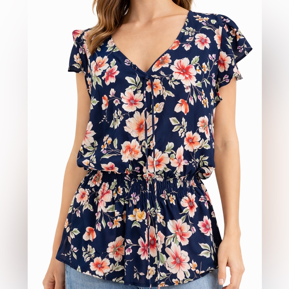 Bobeau Navy Floral Blouse – V-Neck Smocked Waist Blouse | Size Large